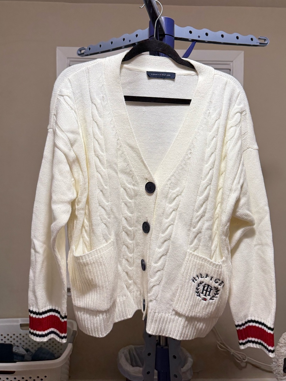 Tommy Hilfiger Cream Cable Knit Button-Up Cardigan with Stripe Cuffs